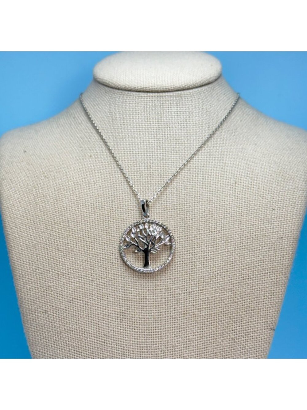 Tree Of Life Sterling Silver 925 & Cubic Zirconia Pendant Necklace Size 17.5''